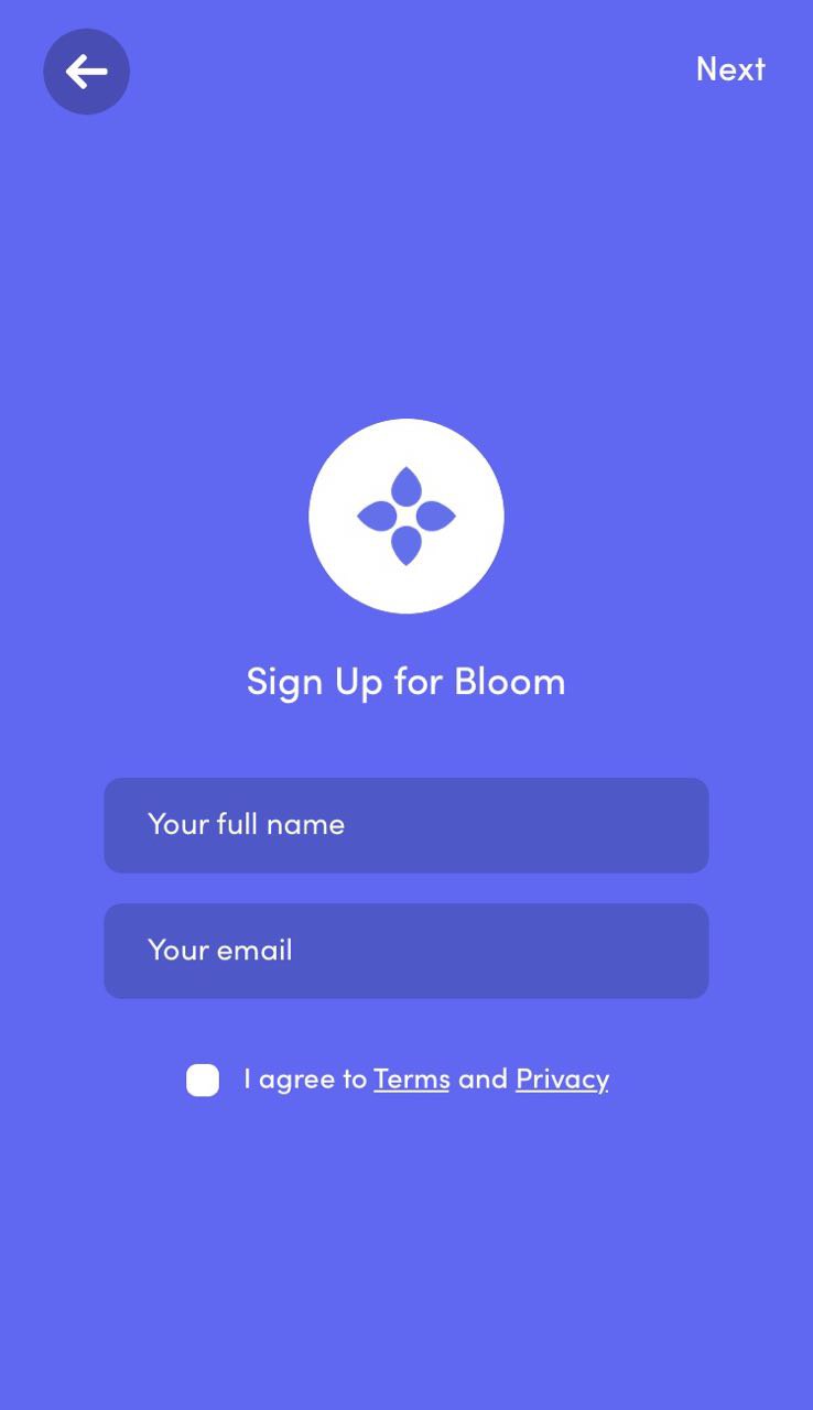 регистрация в приложении Bloom