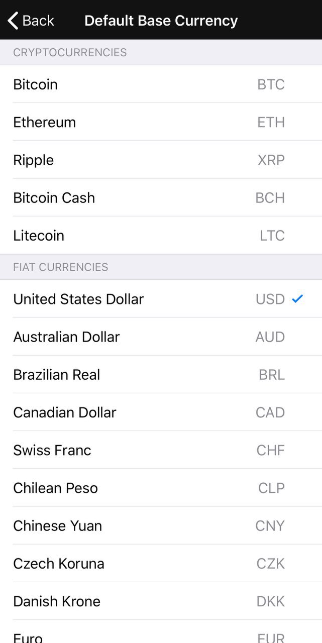 выбор дефолтной валюты в приложении CoinMarketCap