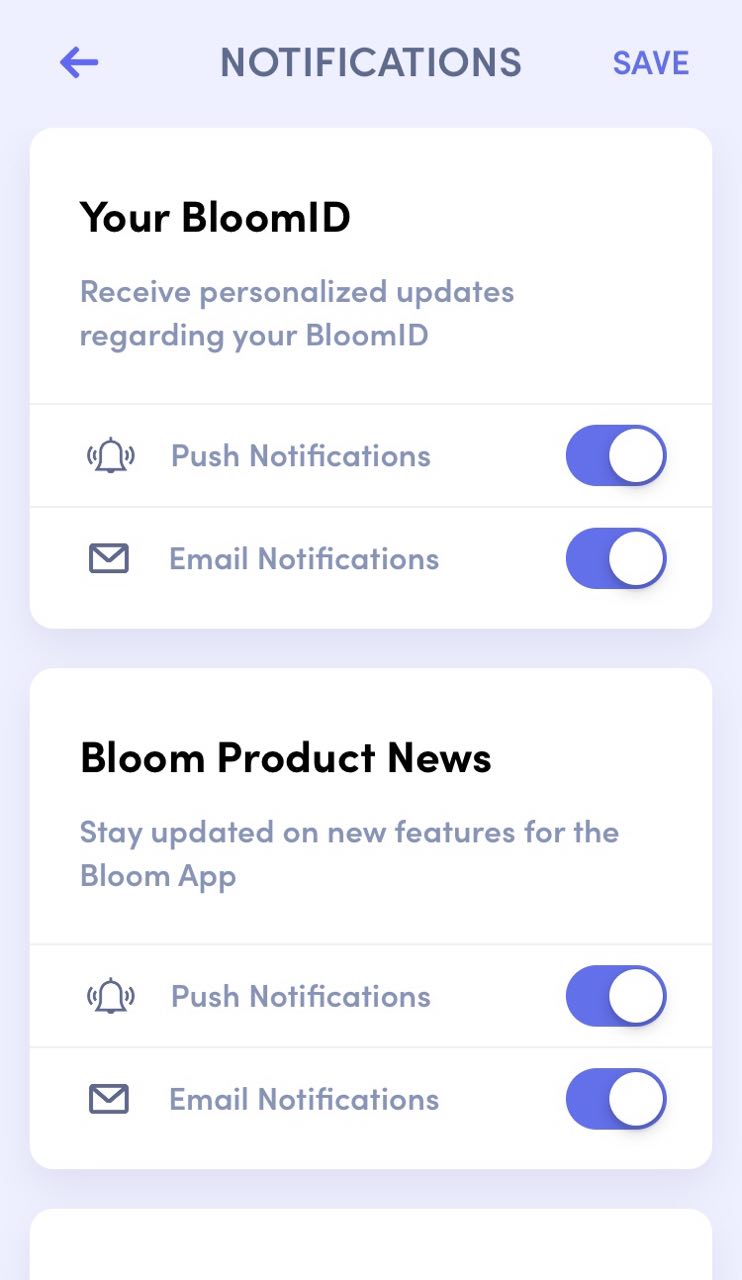 страница настройки уведомлений в приложении Bloom
