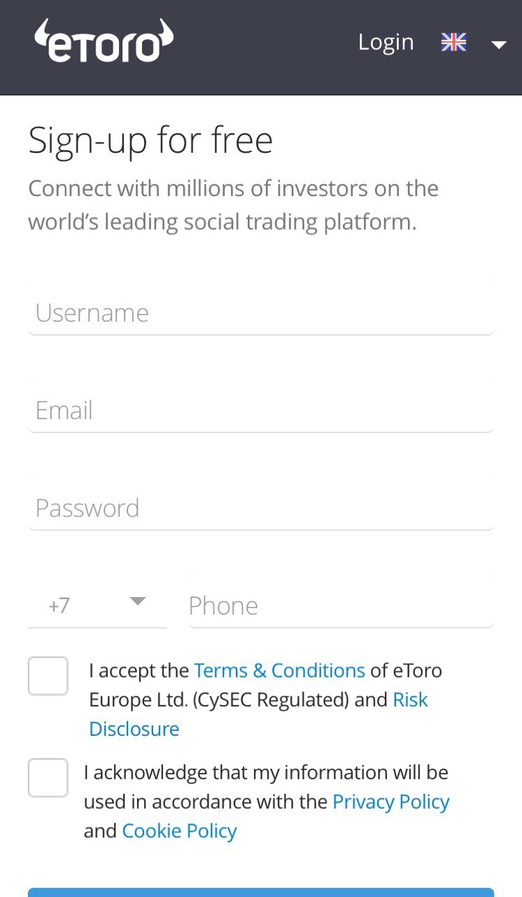 регистрация в приложении eToro – Social Trading